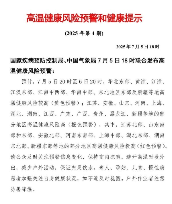 米涂配资 国家疾控局和中国气象局联合发布高温健康风险预警